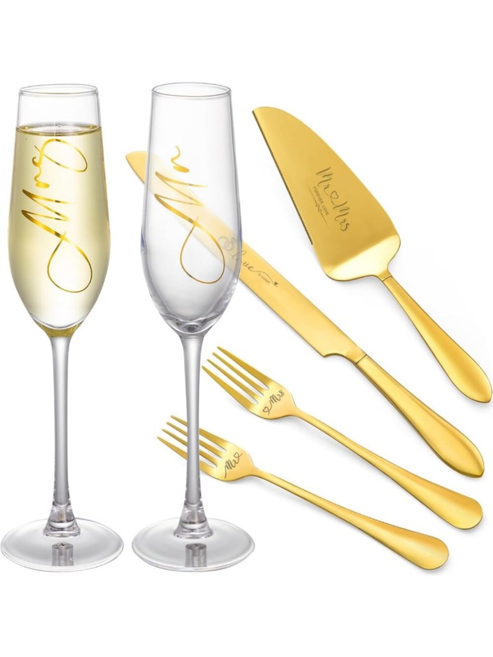 Elegant Wedding Cake Cutting Set & Mr & Mrs Champagne Flutes - 6 Piece Set
